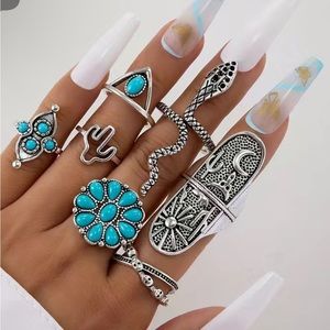 - NEW Boho turquoise silver western costal cowgirldesert 🌵 country ring set 7pc